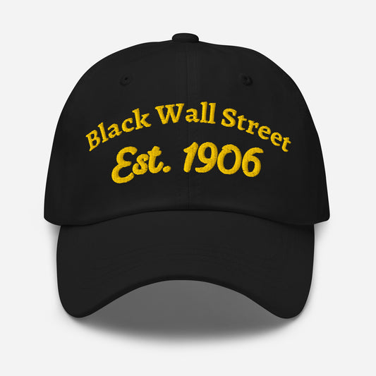 Black Wall Street Est. 1906 Baseball Cap in black with bold yellow embroidery, low-profile cotton design for unisex wear.