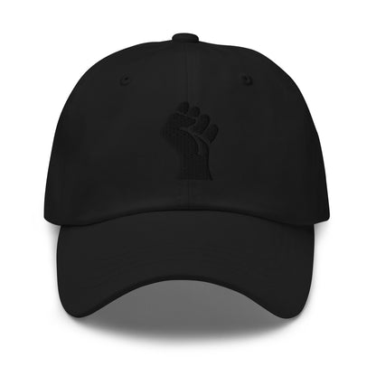 Black Power Fist Embroidered Baseball Cap in solid black color, symbolizing strength and pride in a minimalist design.