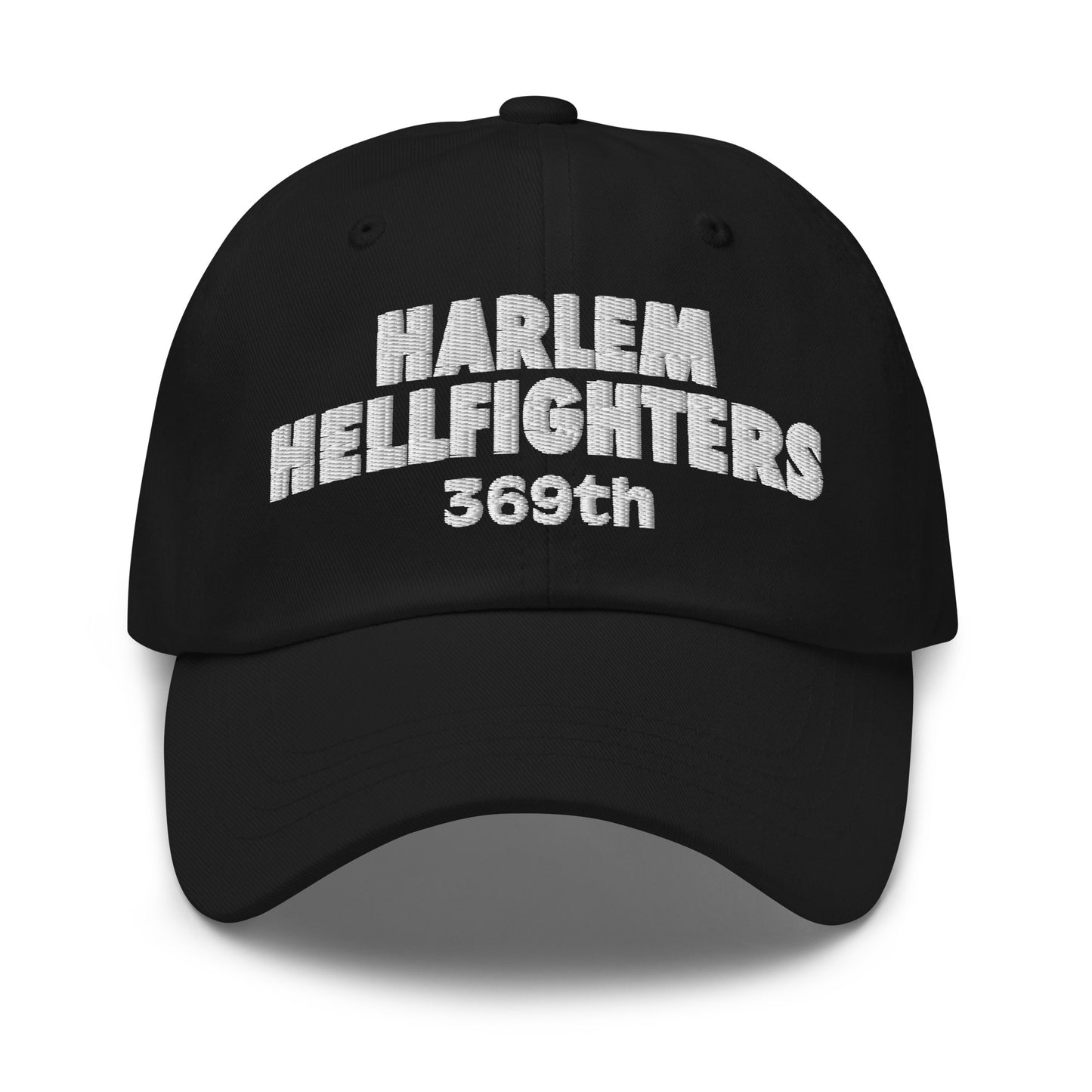 Black 369th Harlem Hellfighters Cap with bold white embroidery honoring WWI heroes. Unstructured cotton twill baseball cap with low profile fit.