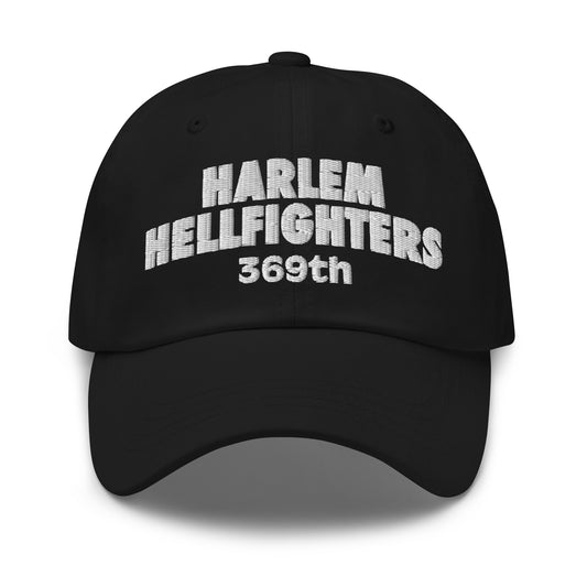 Black 369th Harlem Hellfighters Cap with bold white embroidery honoring WWI heroes. Unstructured cotton twill baseball cap with low profile fit.