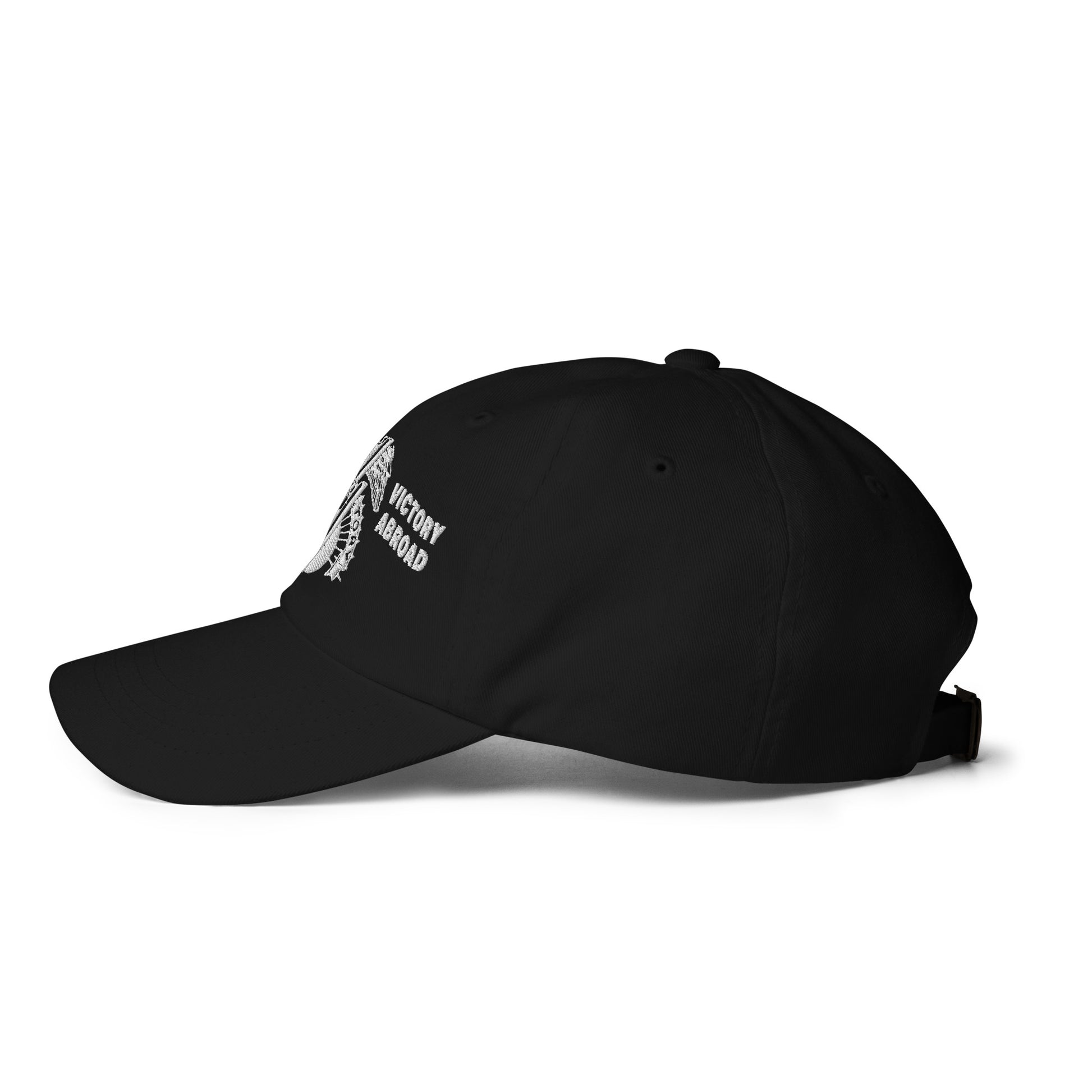 Side profile of the Double V Campaign Victory Home Abroad Baseball Cap in black, showing breathable eyelets and sleek low-profile design.
