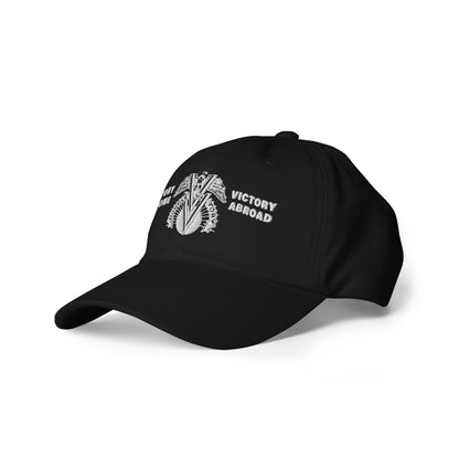 Angled front view of the Double V Campaign Victory Home Abroad Baseball Cap in black, highlighting the detailed embroidery and curved brim.