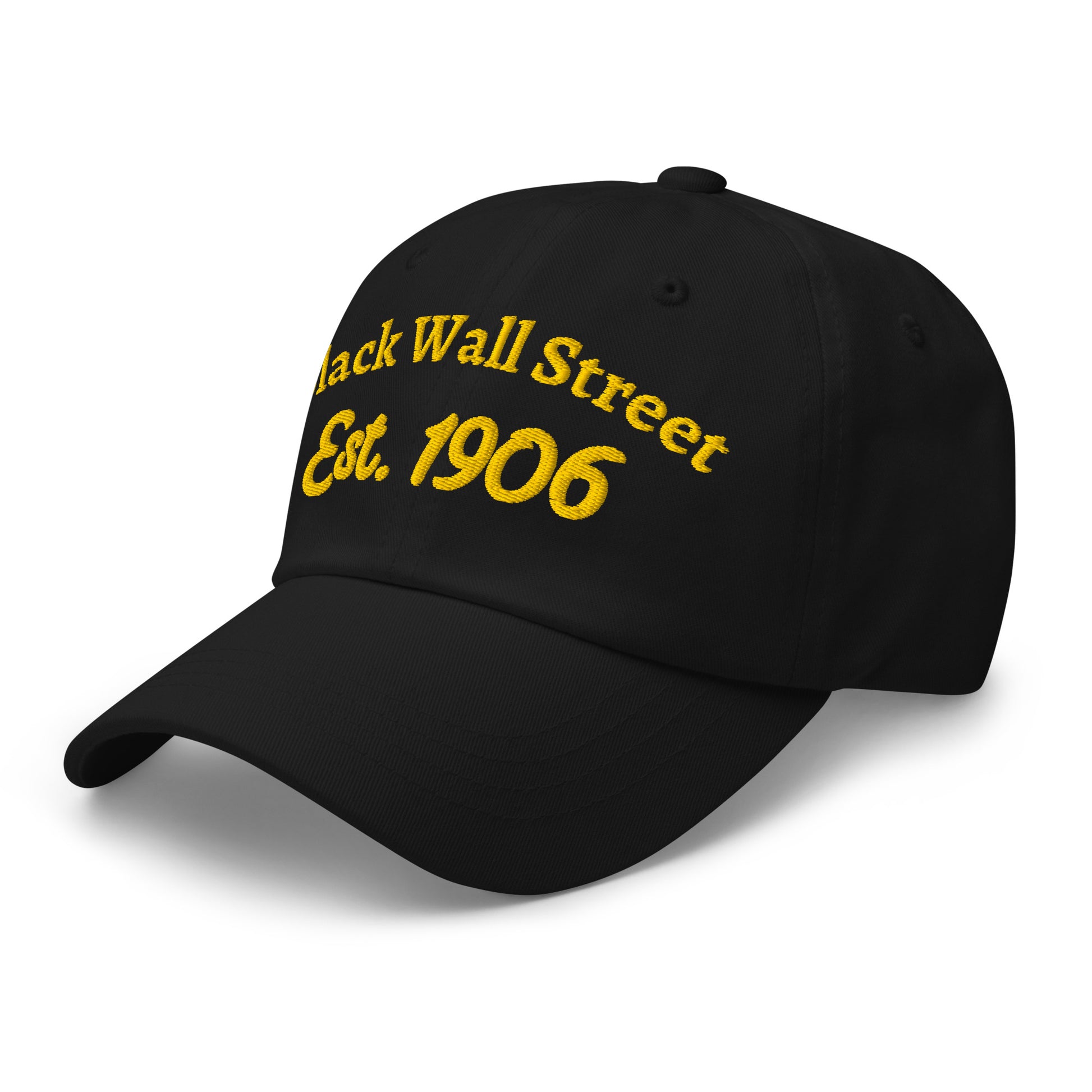 Angled view of Black Wall Street Est. 1906 Baseball Cap in black, featuring curved brim and adjustable back strap.