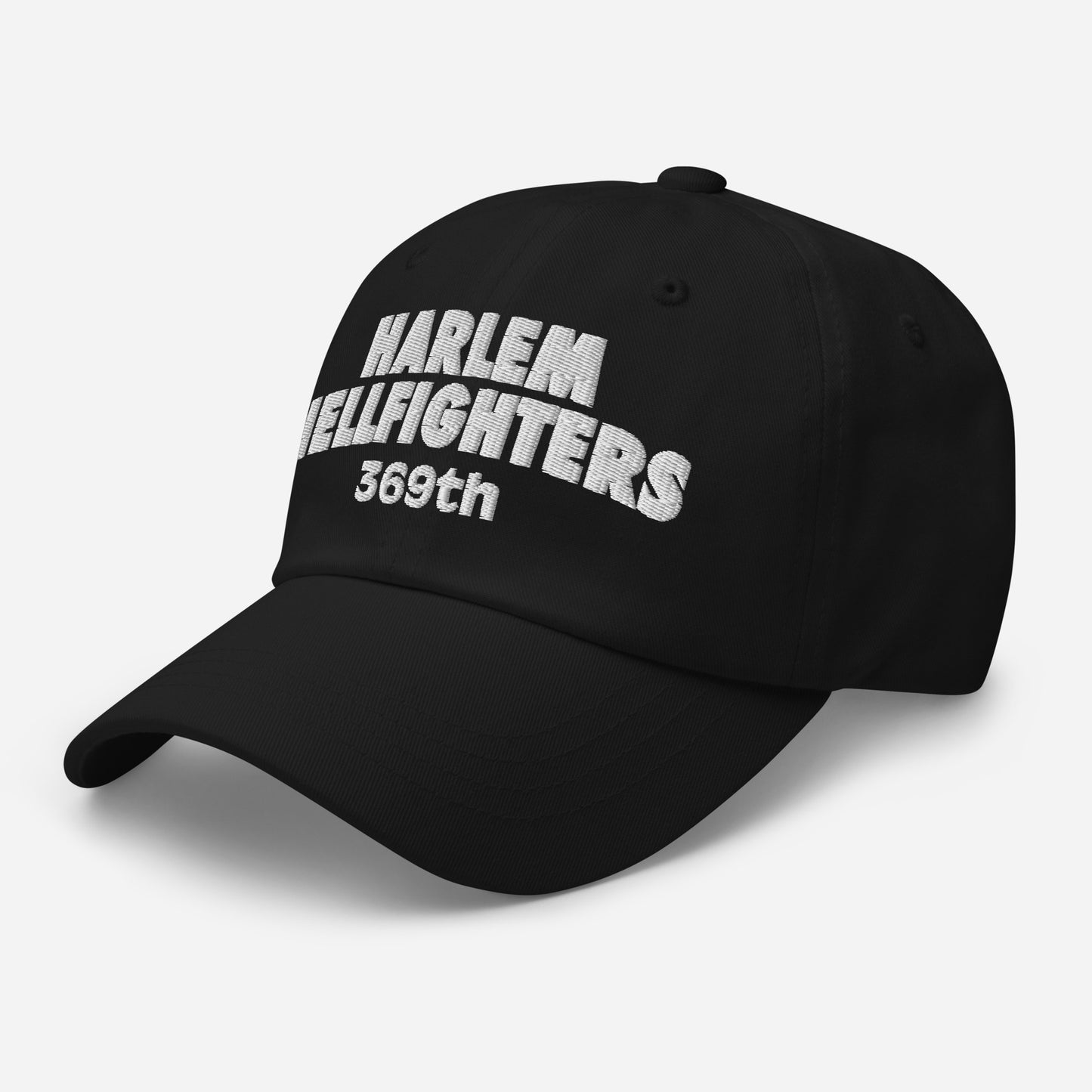 Side view of the 369th Harlem Hellfighters Cap in black, featuring white embroidered text. Adjustable strap and breathable eyelets for comfort.
