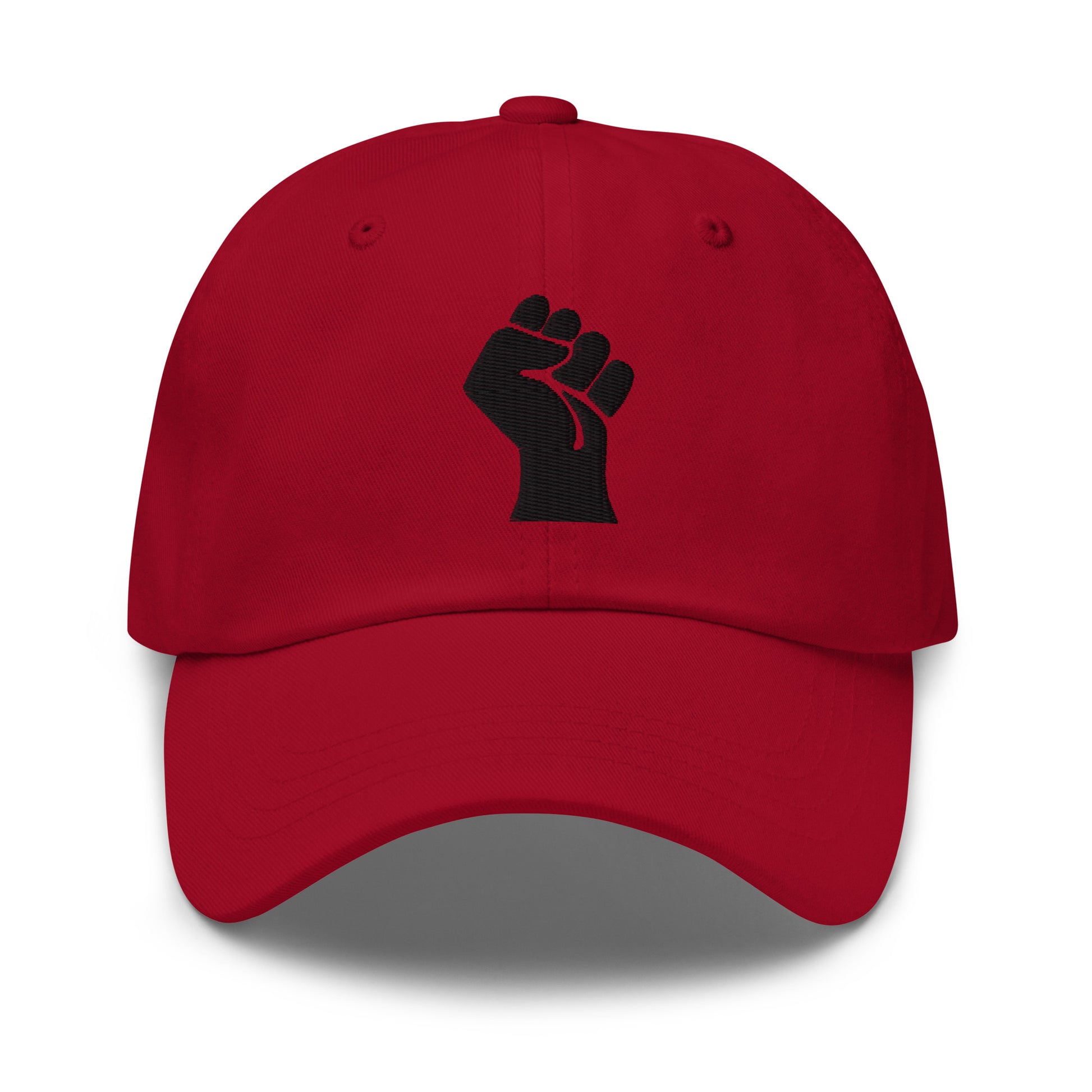 Red Black On Black Power Fist Embroidered Baseball Cap with striking contrast, ideal for bold fashion and activism.