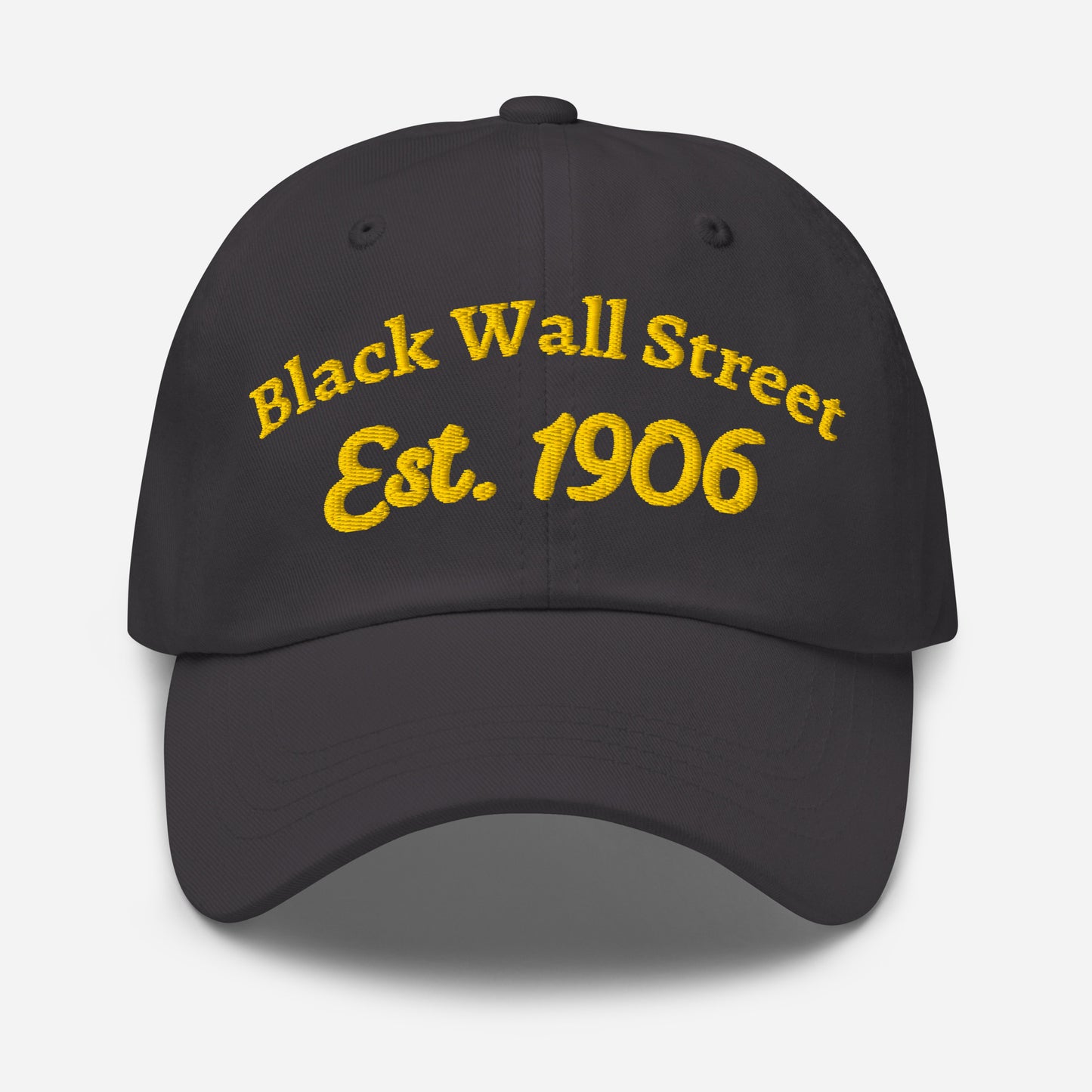 Charcoal Black Wall Street Est. 1906 Baseball Cap with yellow embroidered text, unisex cotton hat with curved brim.