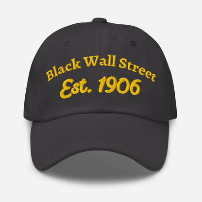 Charcoal Black Wall Street Est. 1906 Baseball Cap with yellow embroidered text, unisex cotton hat with curved brim.