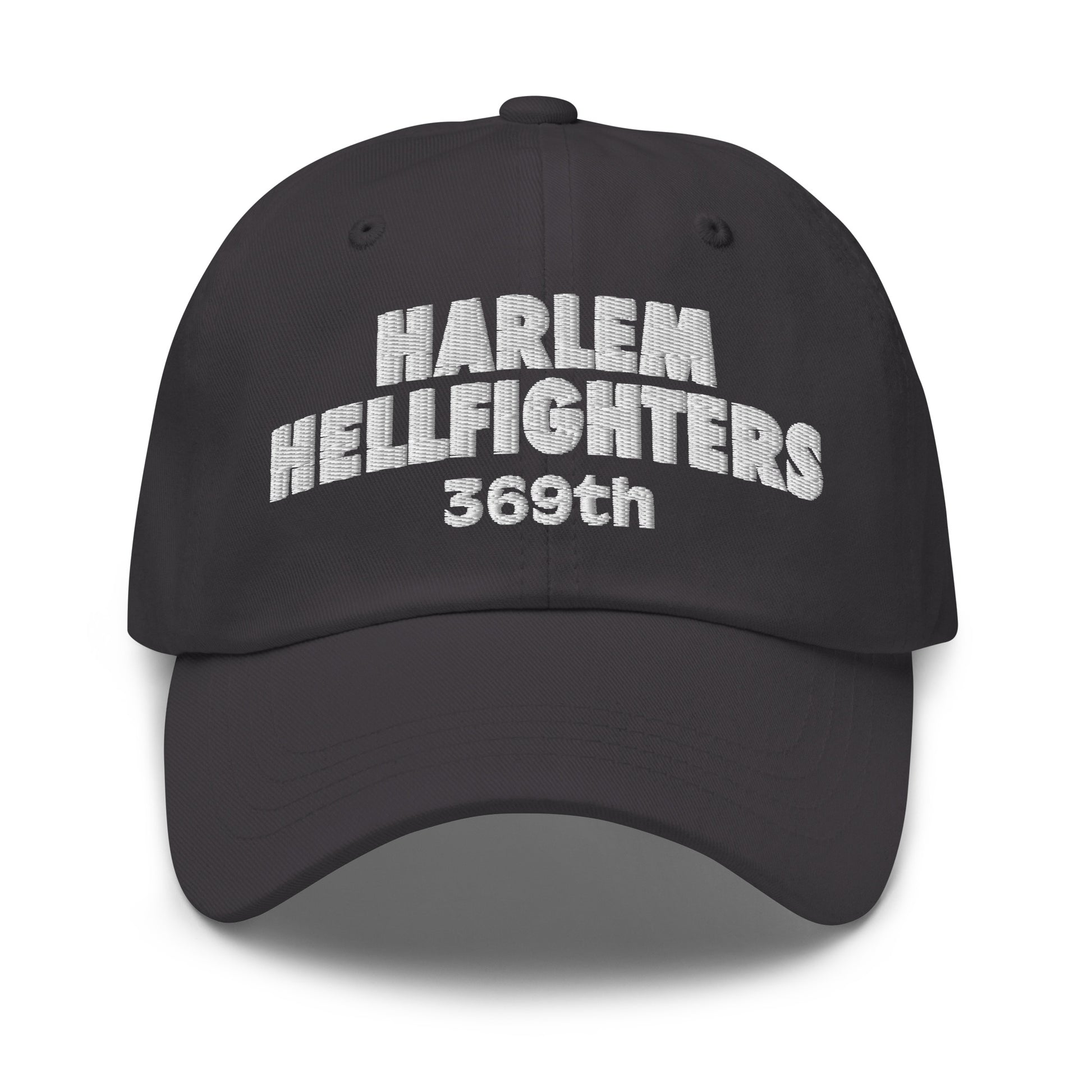 Charcoal grey Harlem Hellfighters 369th baseball cap with white embroidery. Adjustable and unstructured for a relaxed, heritage-inspired look.
