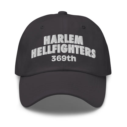 Charcoal grey Harlem Hellfighters 369th baseball cap with white embroidery. Adjustable and unstructured for a relaxed, heritage-inspired look.