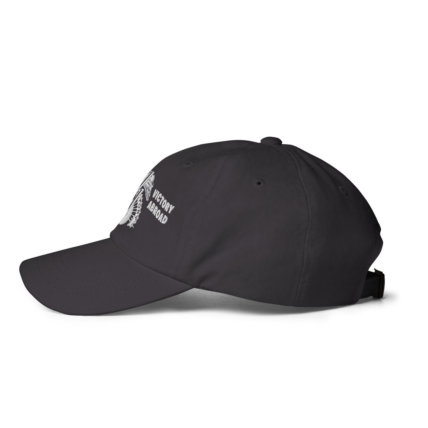 Side view of the dark grey Double V Campaign Victory Home Abroad Baseball Cap with adjustable strap and stitched ventilation eyelets.