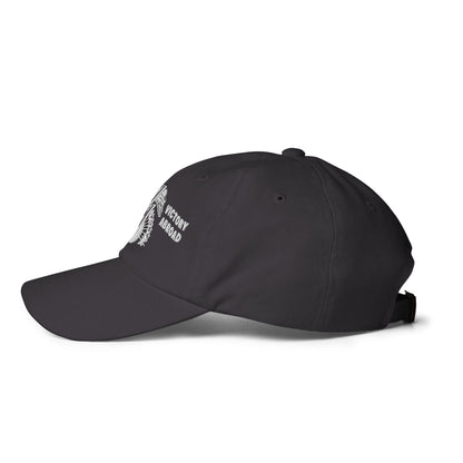 Side view of the dark grey Double V Campaign Victory Home Abroad Baseball Cap with adjustable strap and stitched ventilation eyelets.