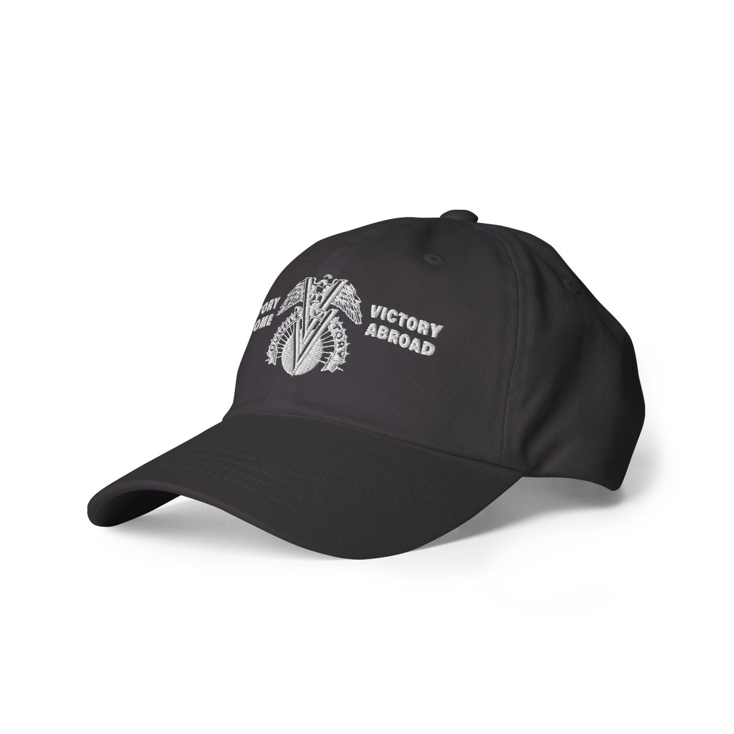Double V Campaign Victory Home Abroad Baseball Cap in dark grey, angled to display the embroidered WWII tribute and structured crown.
