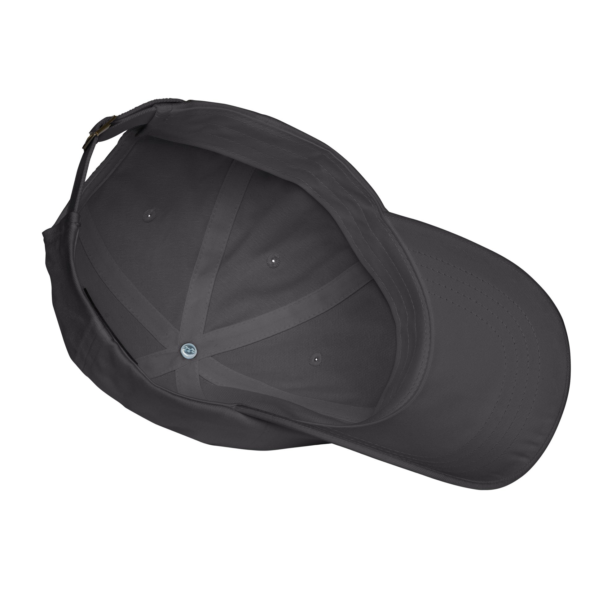 Interior view of Black On Black Power Fist Embroidered Baseball Cap showing adjustable strap and soft cotton twill lining.