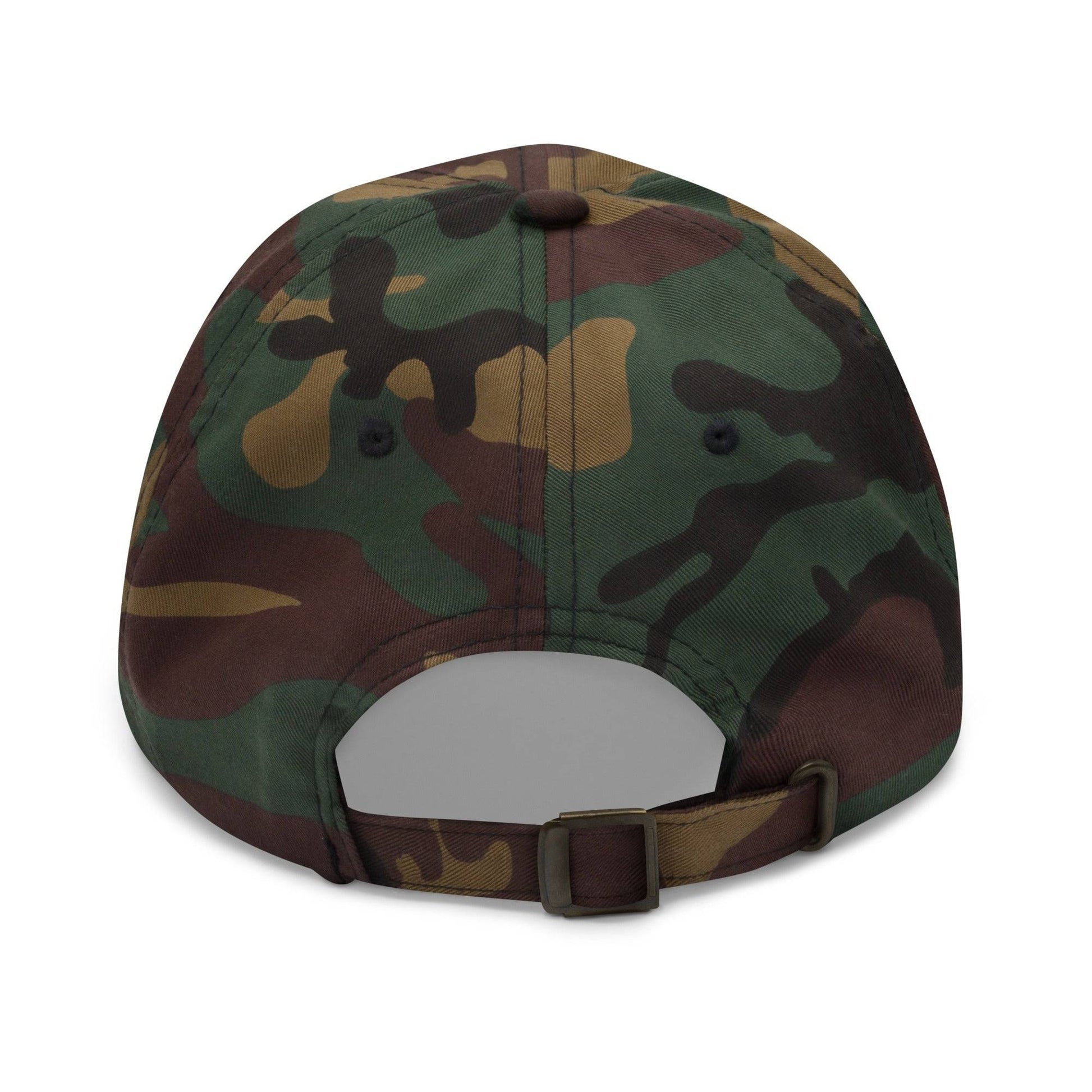 Harris Walz camo dad cap, back view with adjustable strap