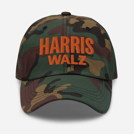 Harris Walz camo dad cap with 3D puff embroidery, front view