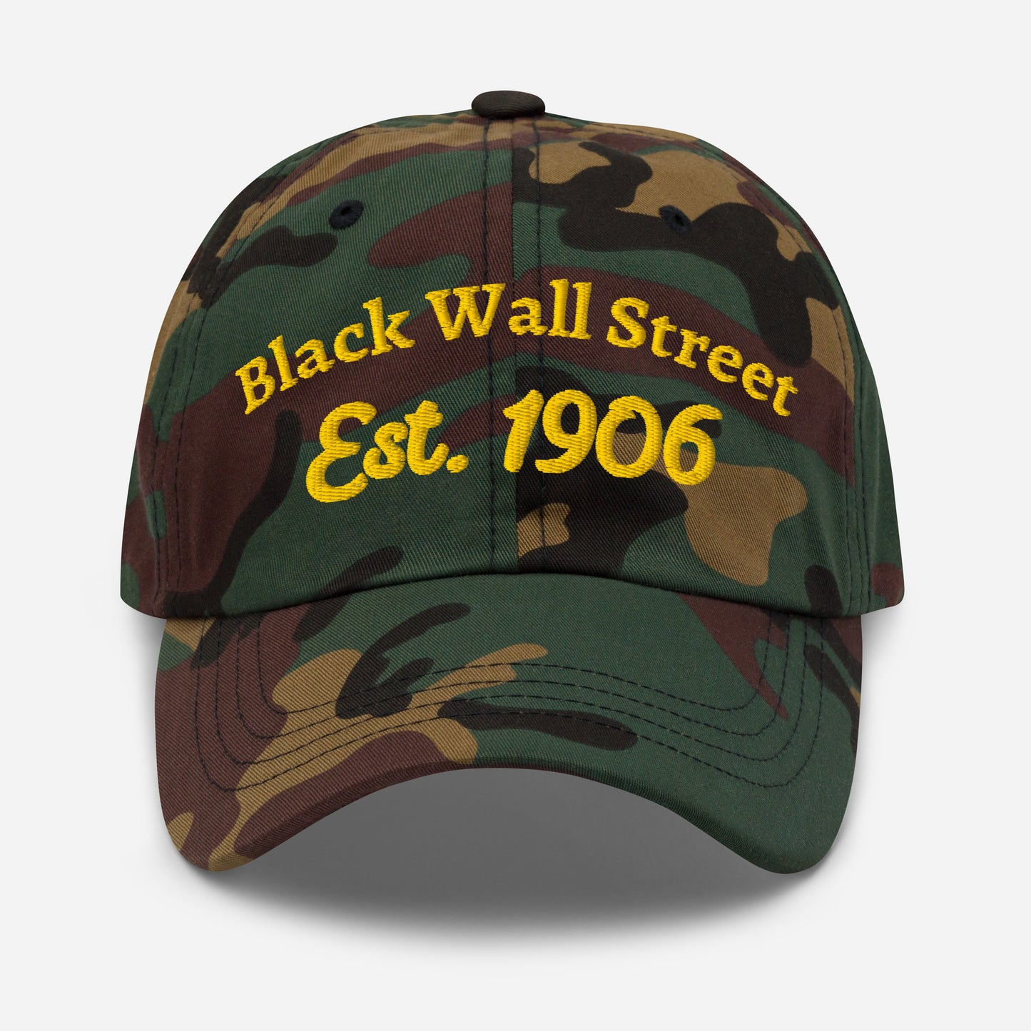 Camo Black Wall Street Est. 1906 Baseball Cap with yellow embroidery, military-style pattern and adjustable fit.