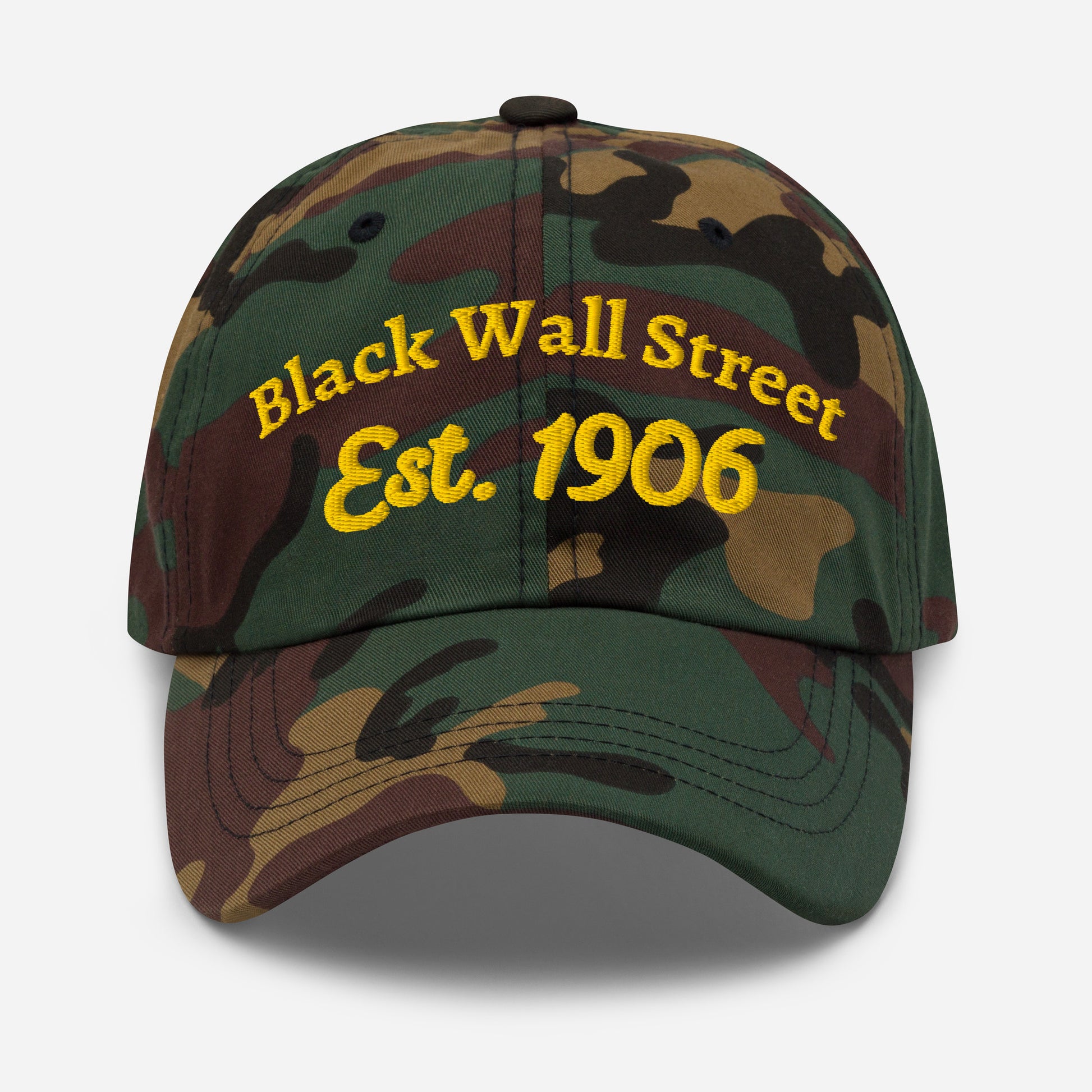 Camo Black Wall Street Est. 1906 Baseball Cap with yellow embroidery, military-style pattern and adjustable fit.