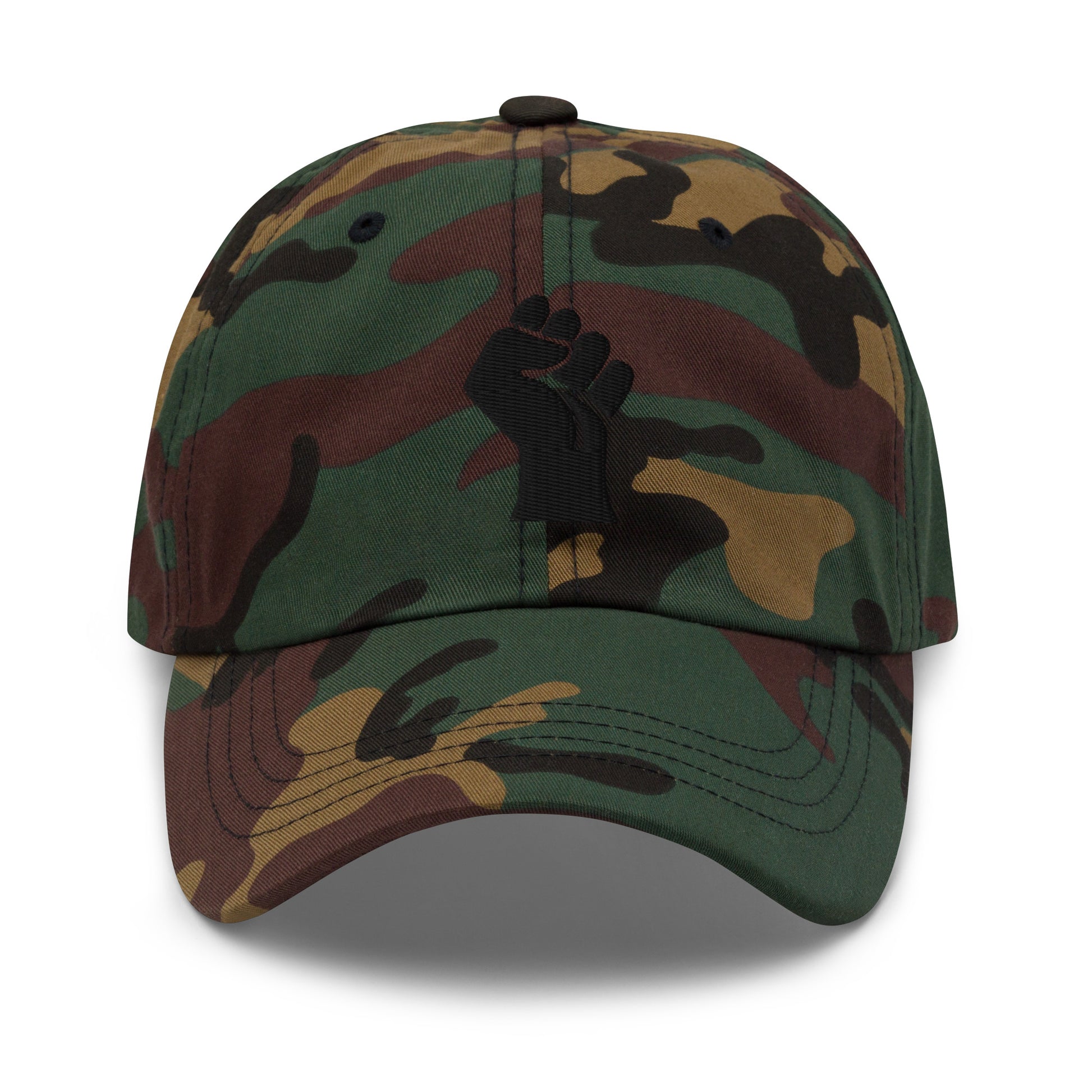Camo Black On Black Power Fist Embroidered Baseball Cap blending military style with cultural pride and symbolic design.
