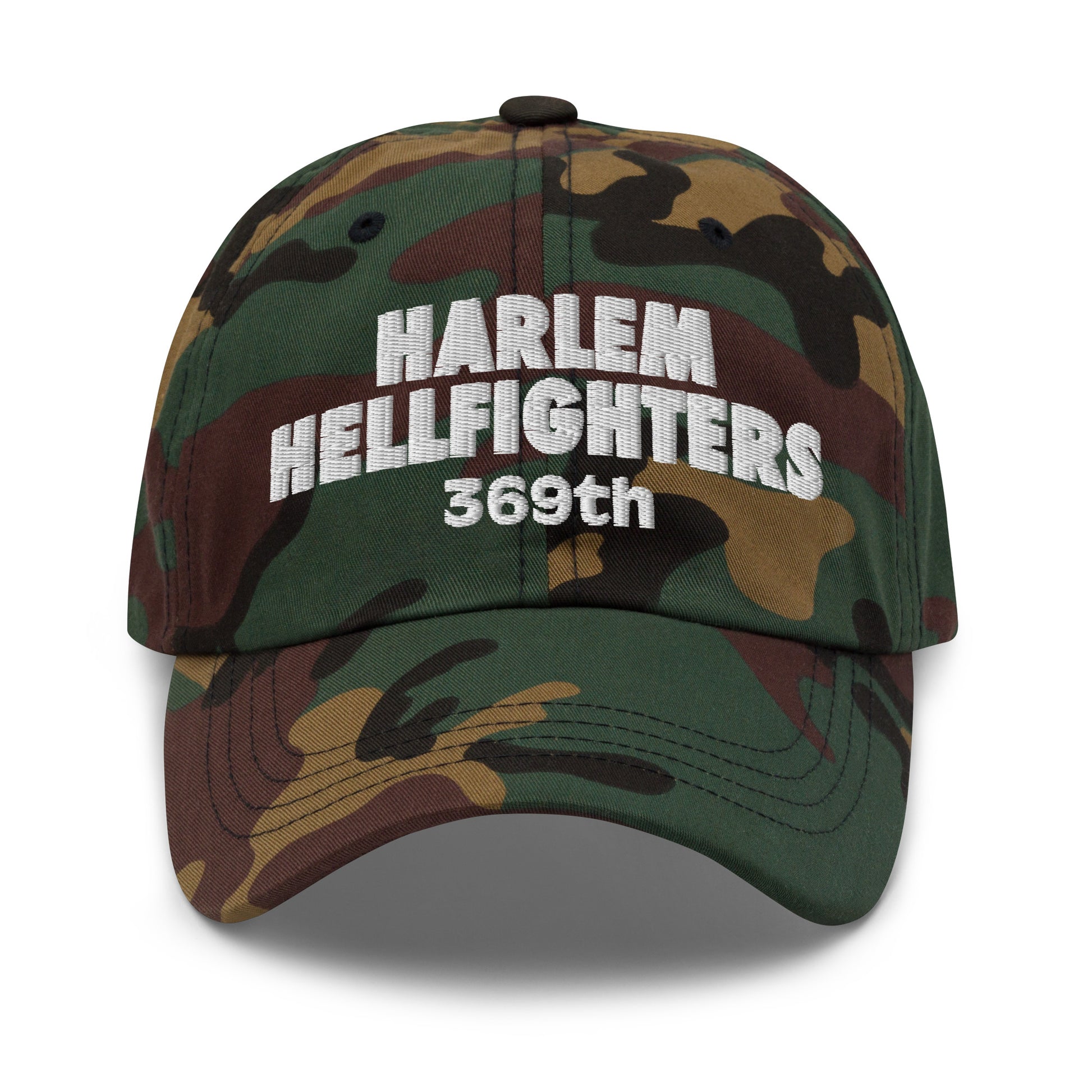 Camouflage Harlem Hellfighters 369th cap with white embroidery. Military-style baseball hat honoring WWI Black soldiers with bold statement design.