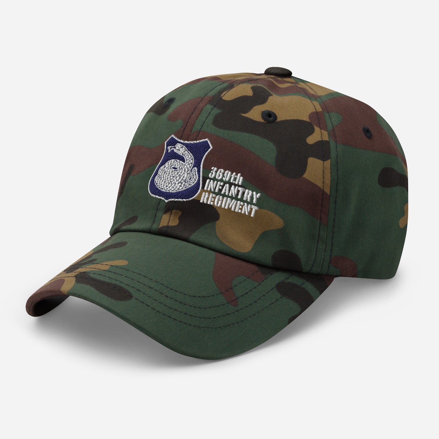 camouflage hat with harlem hellfighters rattlesnake emblem reading 369th infantry regiment 