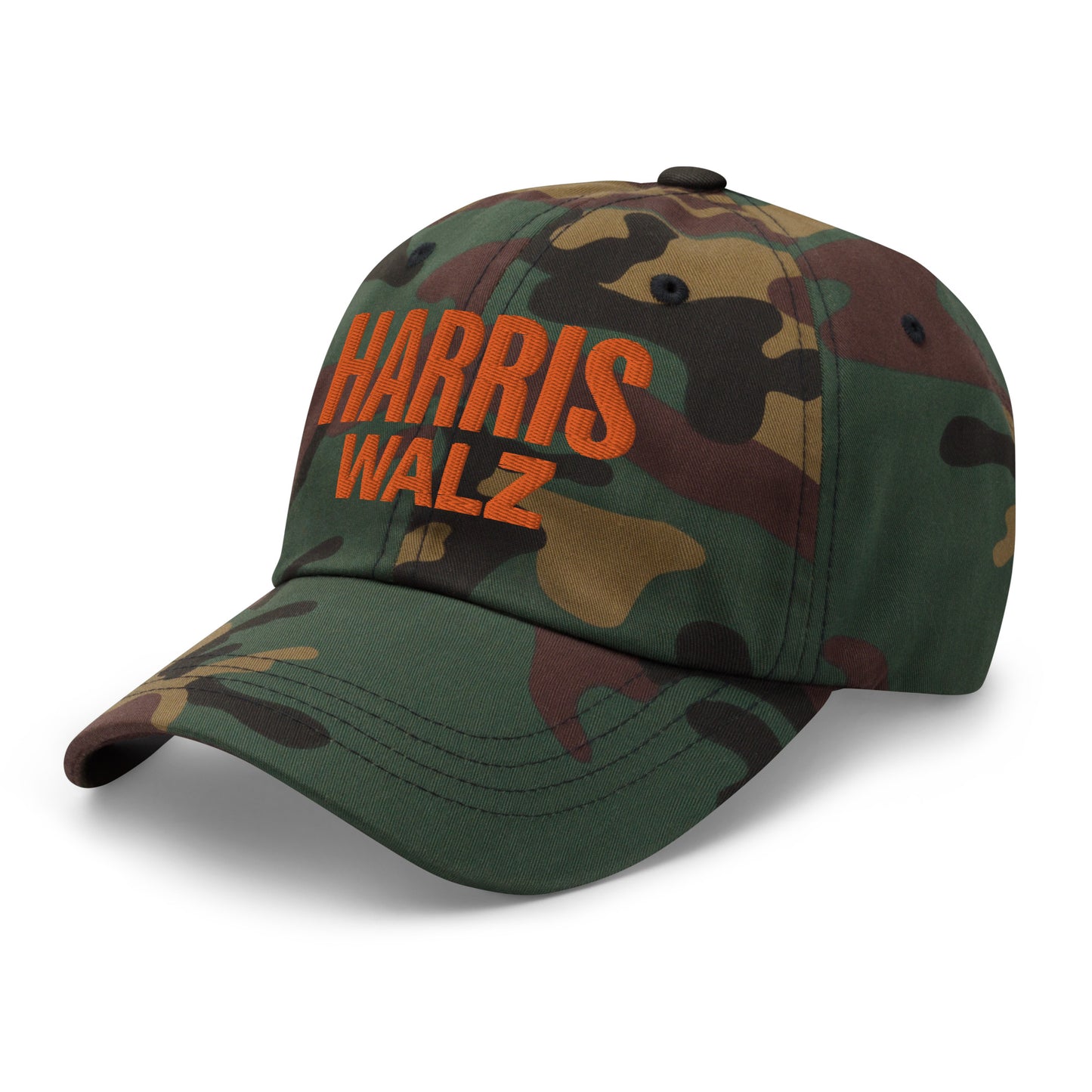 Harris Walz camo dad cap with 3D puff embroidery, angled view