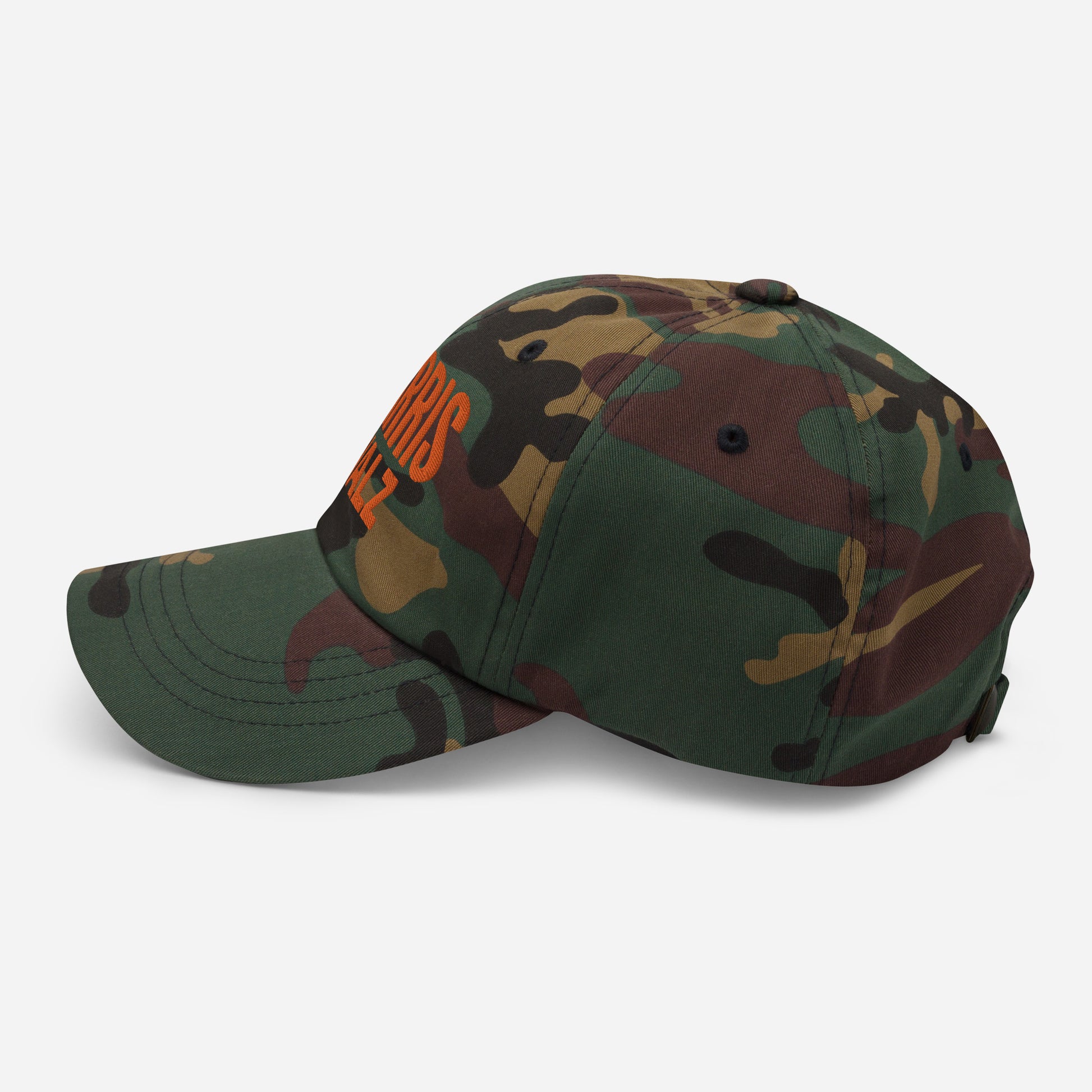 Harris Walz camo dad cap, side profile