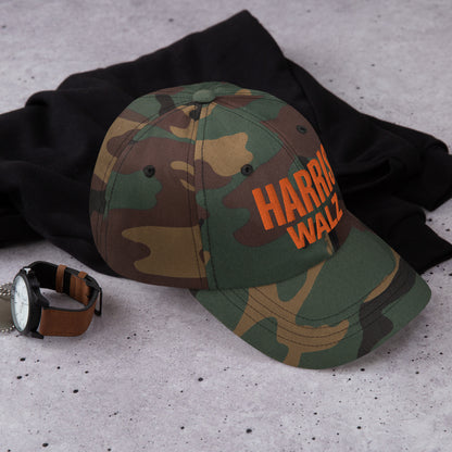 Harris Walz camo hat on table, side view