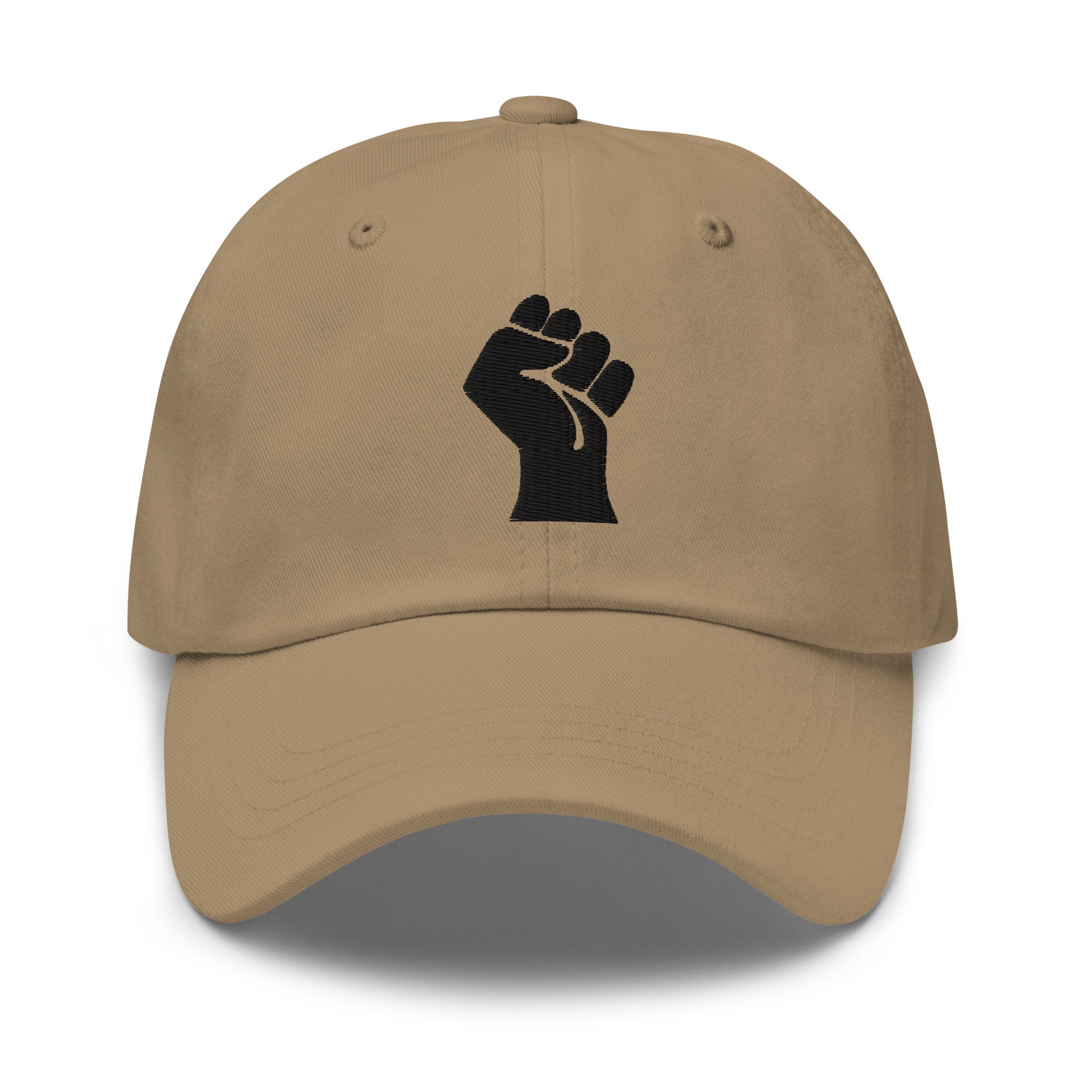 Khaki Black On Black Power Fist Embroidered Baseball Cap combining earthy tones with a powerful embroidered fist symbol.