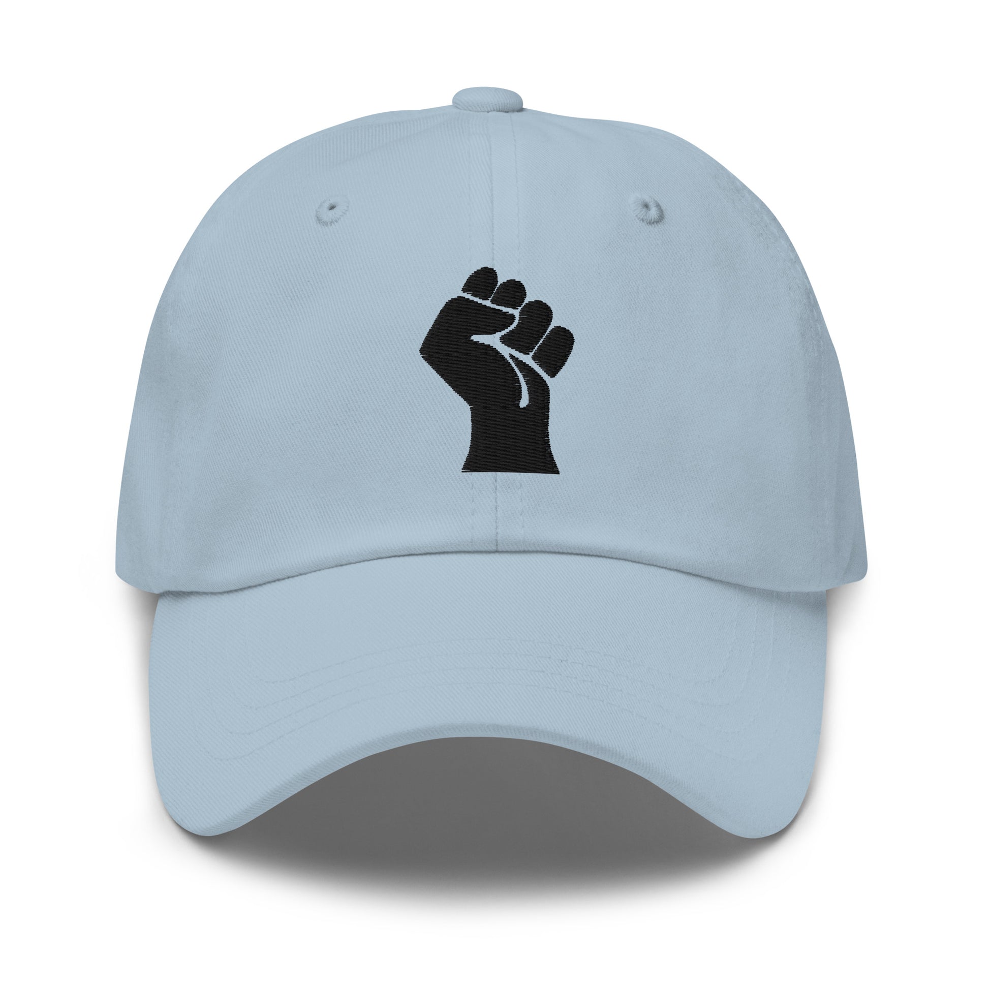 Light blue Black On Black Power Fist Embroidered Baseball Cap with a soft pastel tone and strong embroidered message.