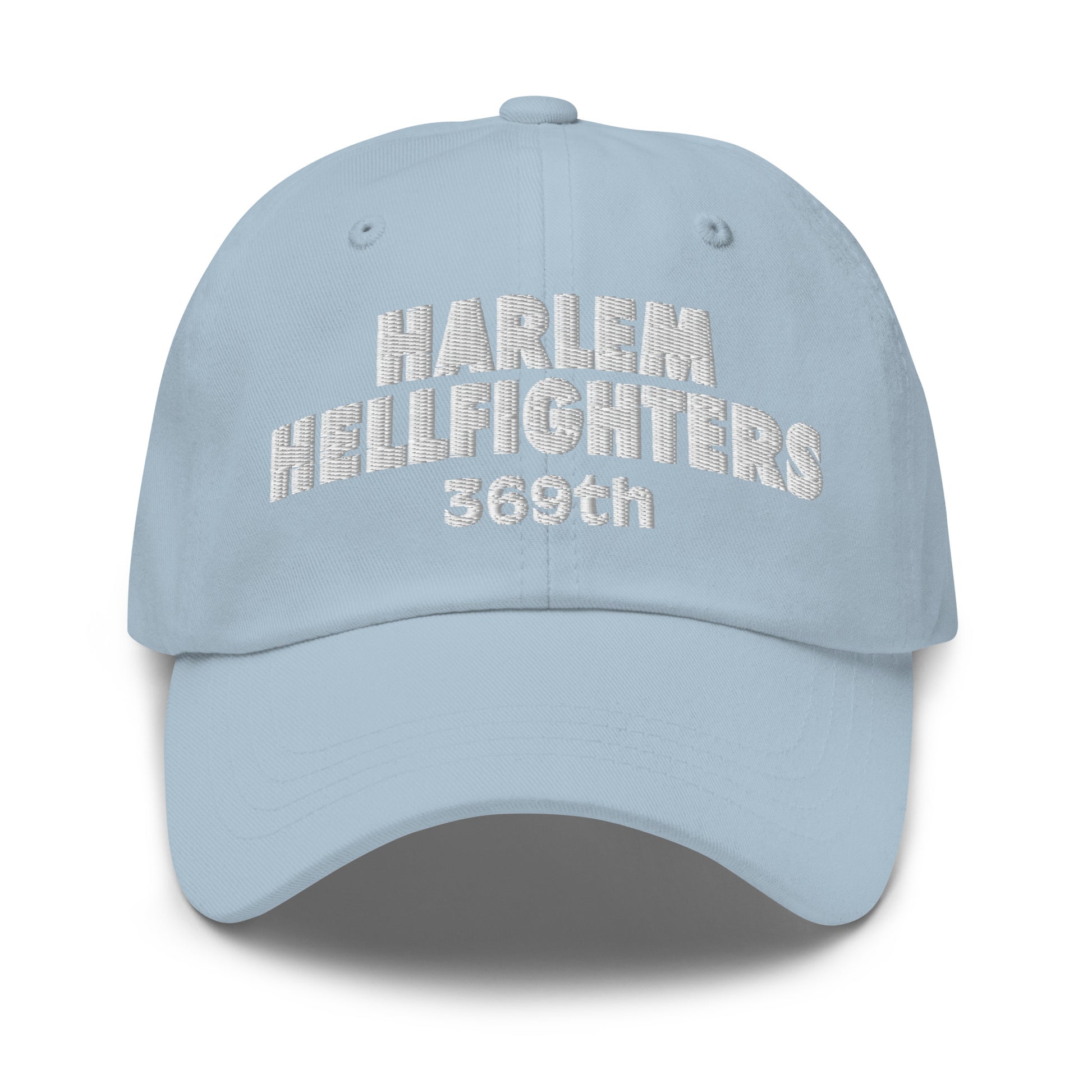 Light blue Harlem Hellfighters 369th cap with white embroidery. Soft cotton twill dad hat celebrating Black military history in a pastel tone.