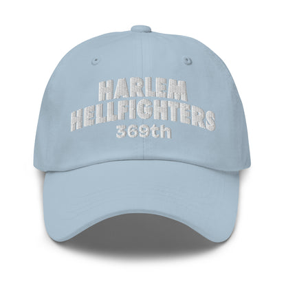 Light blue Harlem Hellfighters 369th cap with white embroidery. Soft cotton twill dad hat celebrating Black military history in a pastel tone.