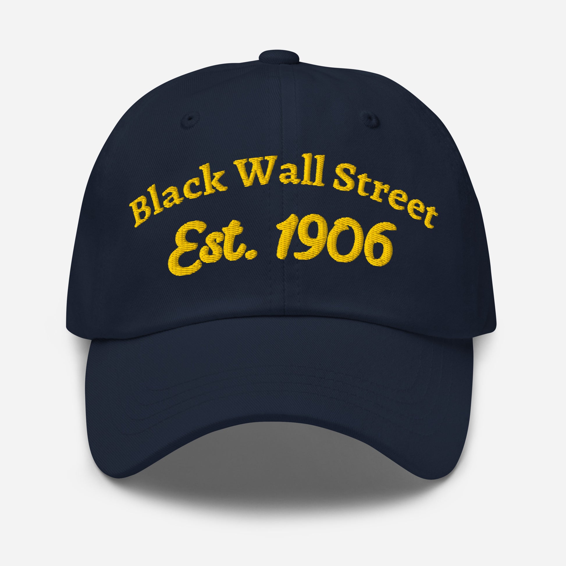 Navy Blue Black Wall Street Est. 1906 Baseball Cap with yellow embroidery, cotton low-profile fit for everyday wear.