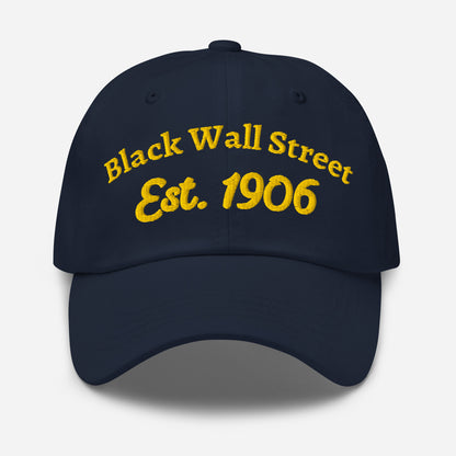 Navy Blue Black Wall Street Est. 1906 Baseball Cap with yellow embroidery, cotton low-profile fit for everyday wear.