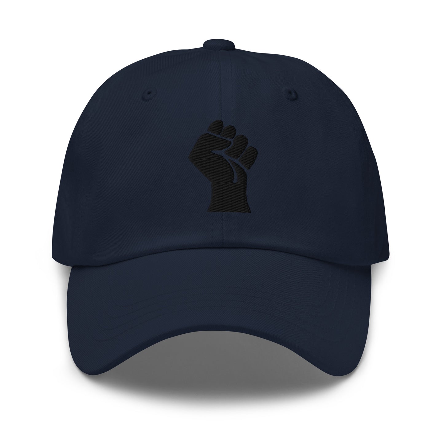 Navy version of Black On Black Power Fist Embroidered Baseball Cap offering a bold statement in a deep blue hue.