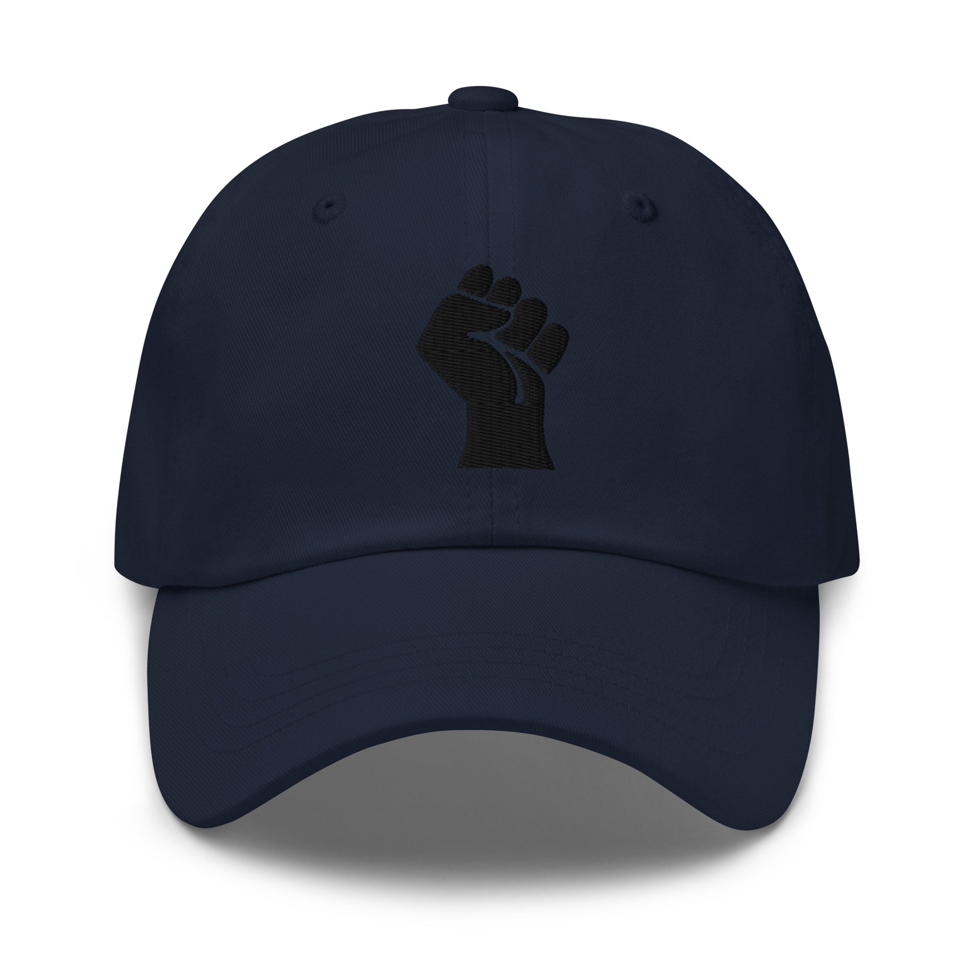 Navy version of Black On Black Power Fist Embroidered Baseball Cap offering a bold statement in a deep blue hue.