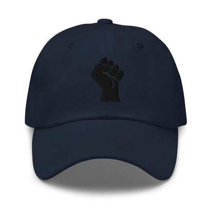 Navy version of Black On Black Power Fist Embroidered Baseball Cap offering a bold statement in a deep blue hue.