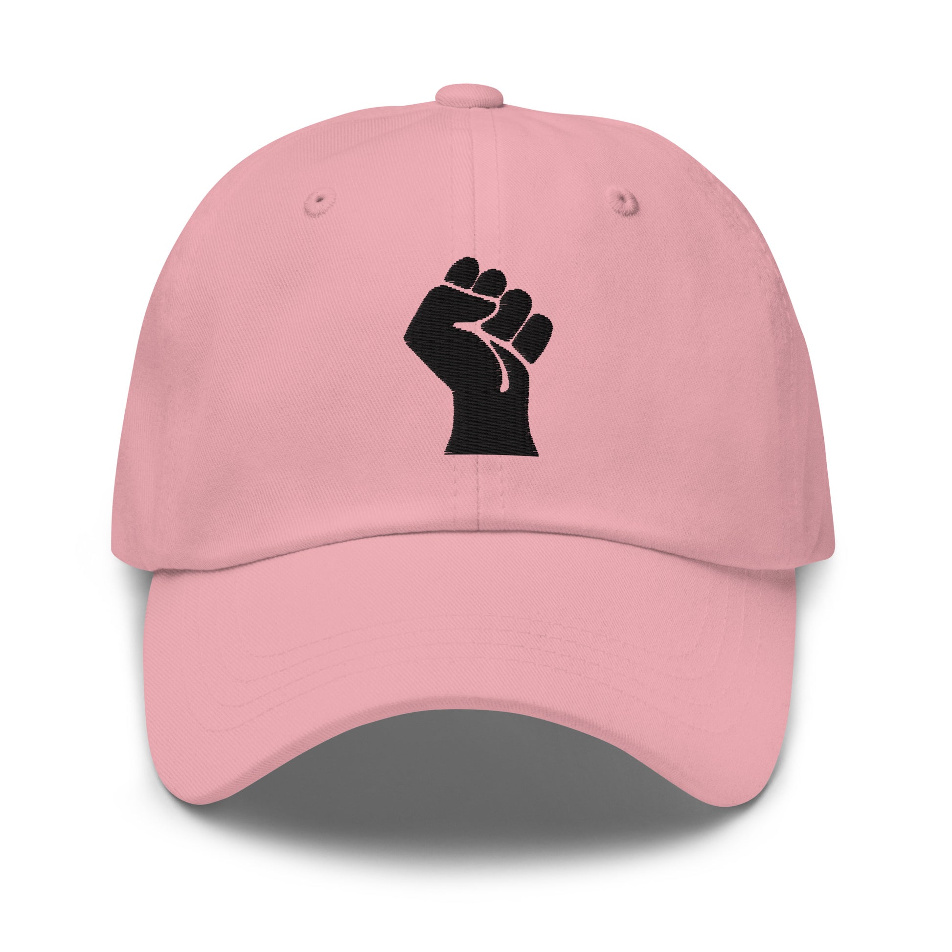 Pink Black On Black Power Fist Embroidered Baseball Cap merging soft color with bold black empowerment symbolism.