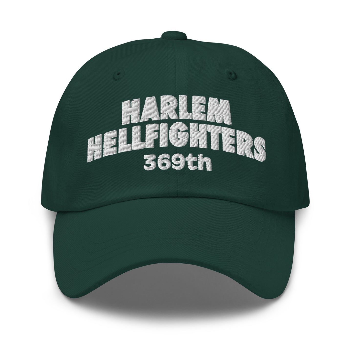 Forest green 369th Harlem Hellfighters Cap with bold white embroidered text. Military-inspired baseball hat celebrating African American legacy.