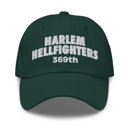 Forest green 369th Harlem Hellfighters Cap with bold white embroidered text. Military-inspired baseball hat celebrating African American legacy.