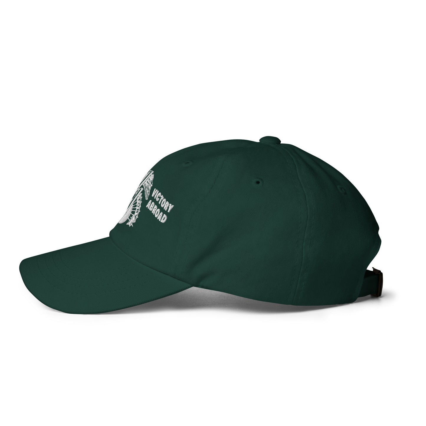 Side profile of forest green Double V Campaign Victory Home Abroad Baseball Cap with adjustable strap and stitched eyelets.