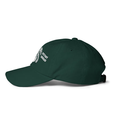 Side profile of forest green Double V Campaign Victory Home Abroad Baseball Cap with adjustable strap and stitched eyelets.
