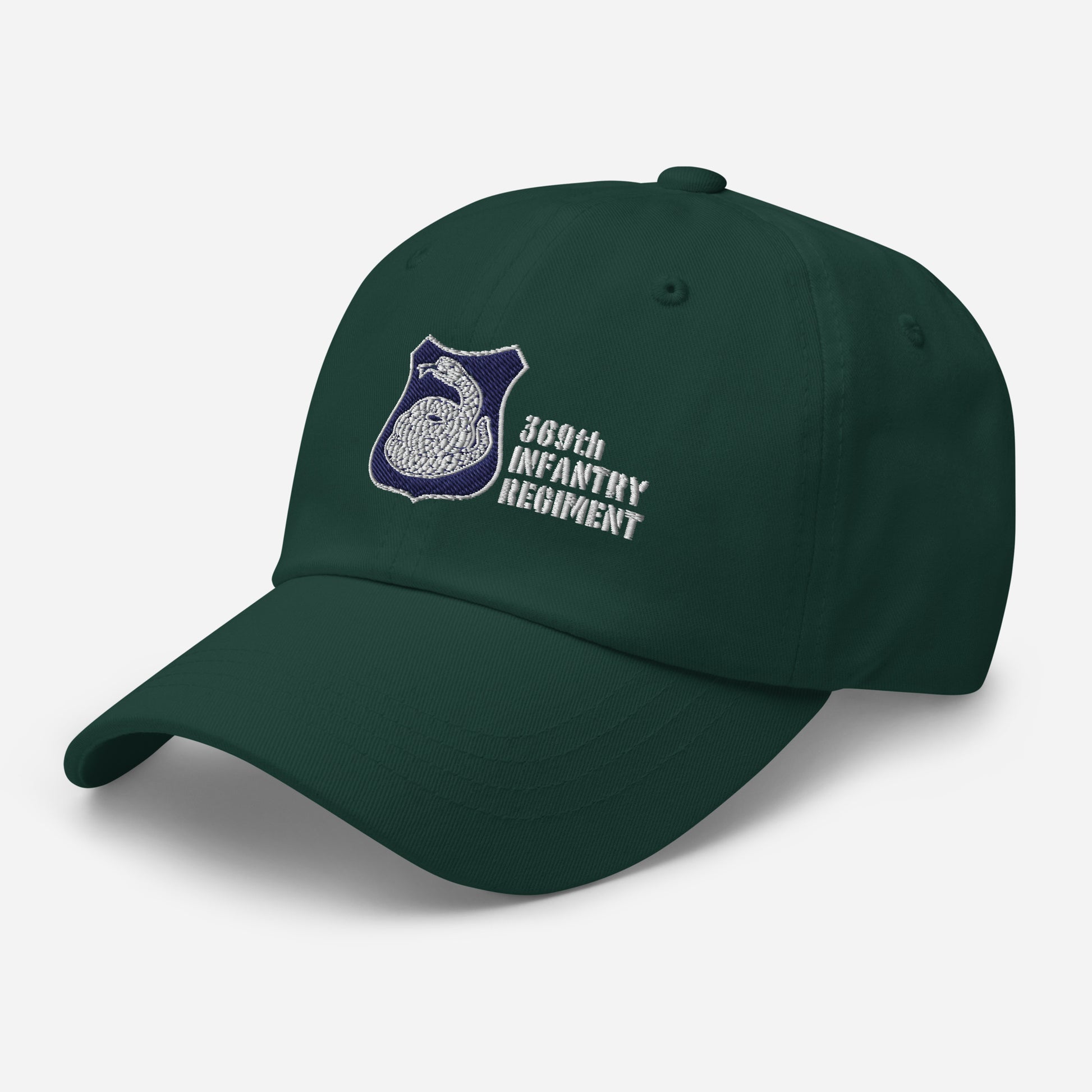 green hat with harlem hellfighters rattlesnake emblem reading 369th infantry regiment