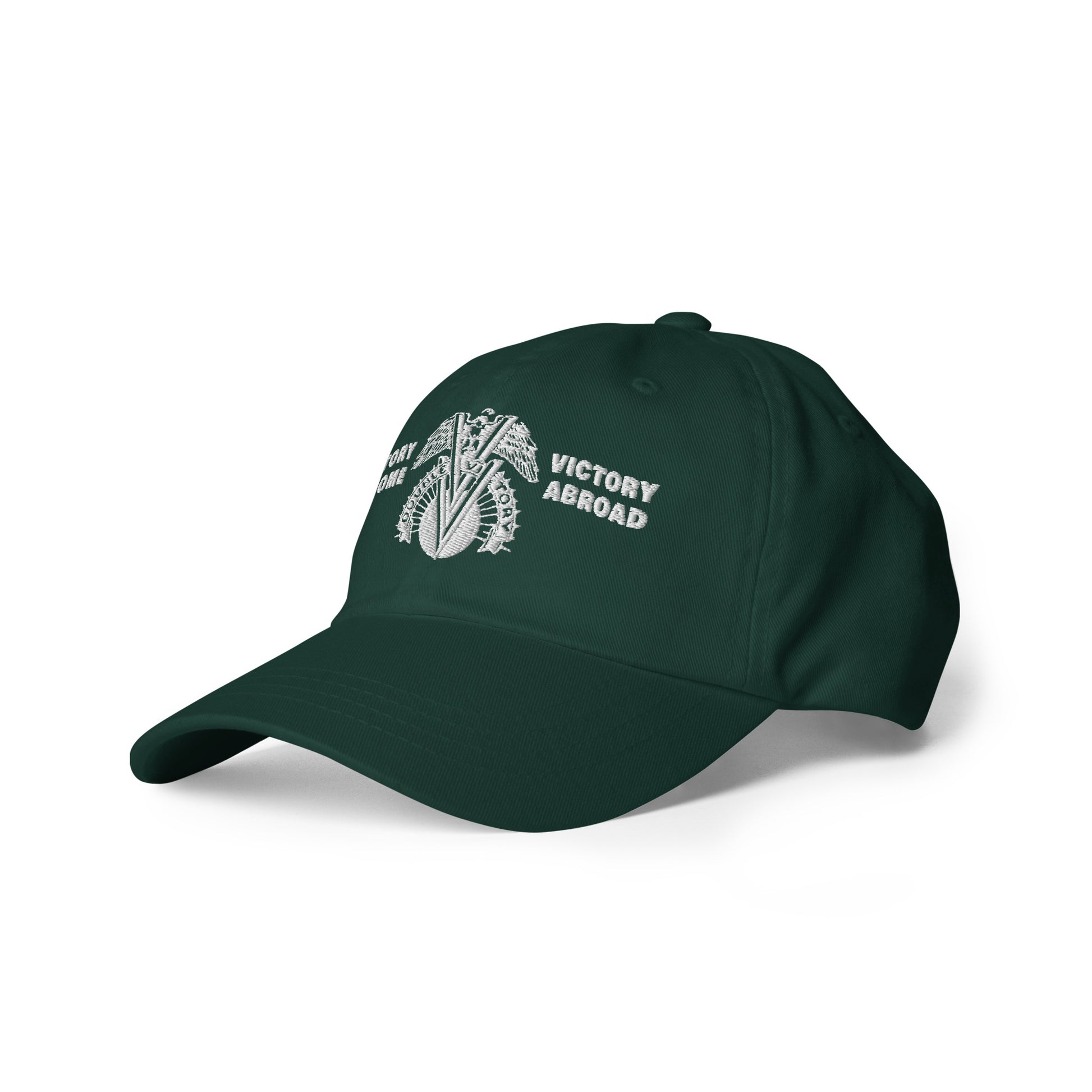 Double V Campaign Victory Home Abroad Baseball Cap in forest green, showcasing bold white embroidery and curved visor.