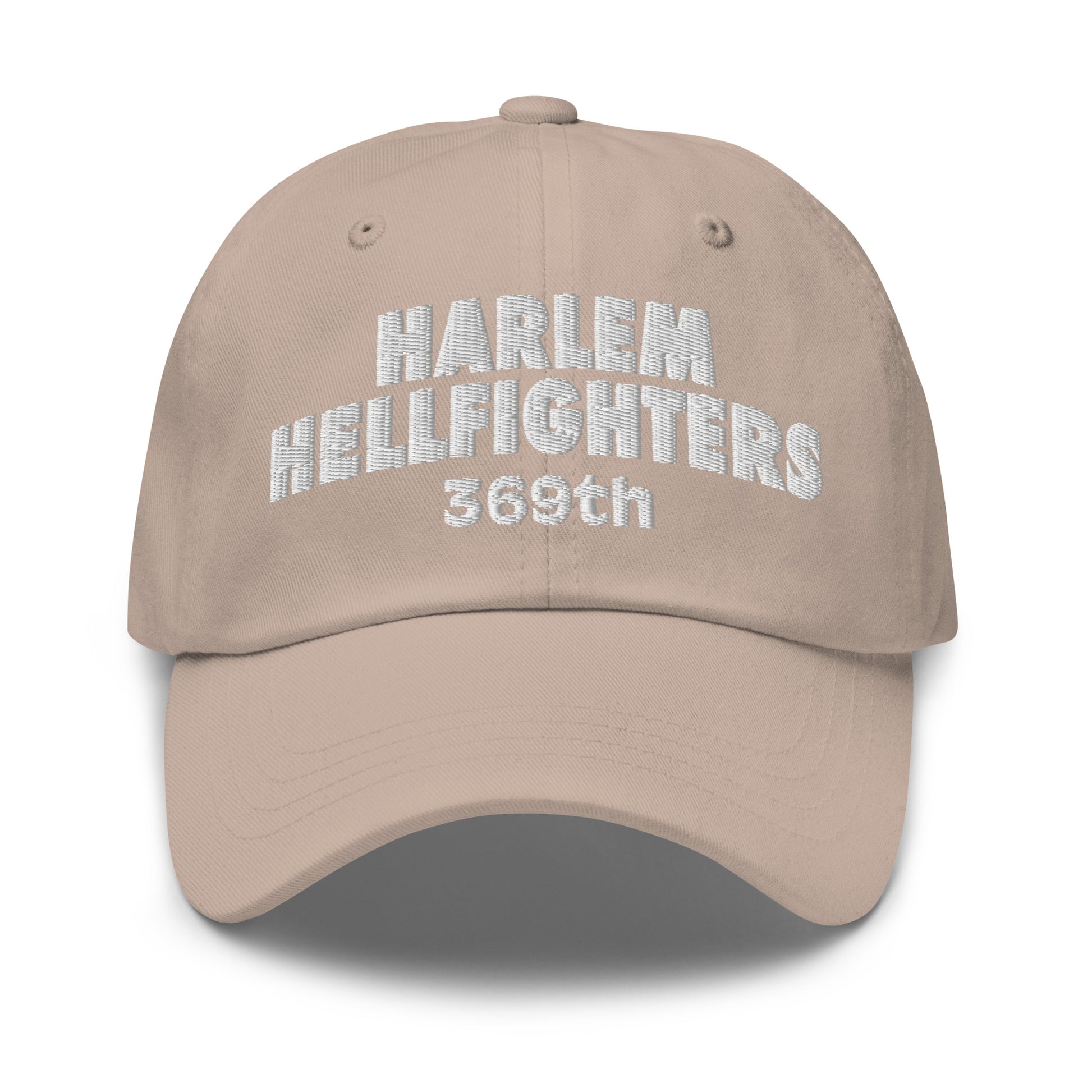 Khaki Harlem Hellfighters 369th baseball cap with white embroidered text. Unstructured cotton cap with adjustable strap and historical tribute.