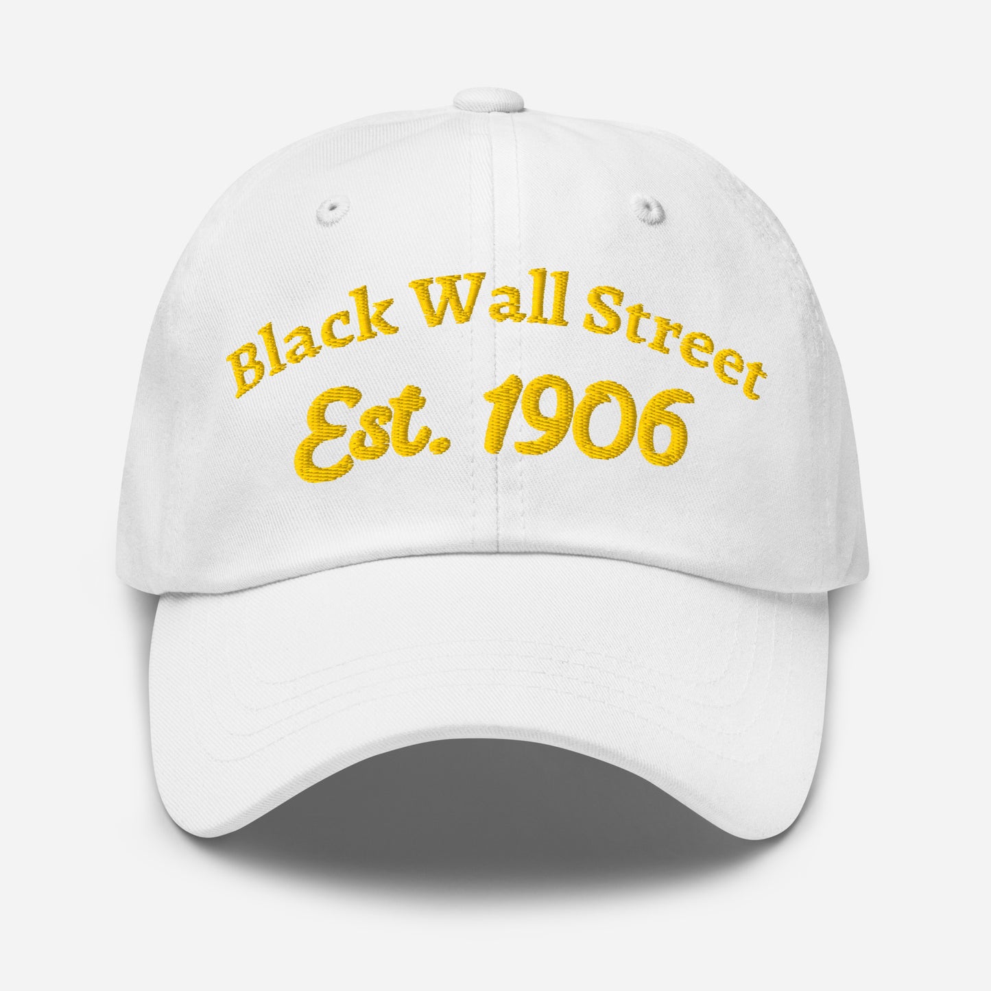 White Black Wall Street Est. 1906 Baseball Cap with bright yellow embroidery, classic curved visor and cotton fabric.