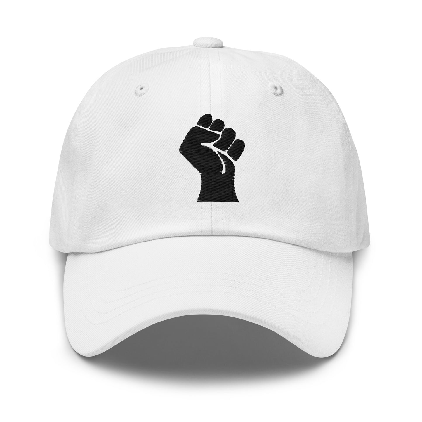 White Black On Black Power Fist Embroidered Baseball Cap featuring high contrast design for a clean, powerful look.