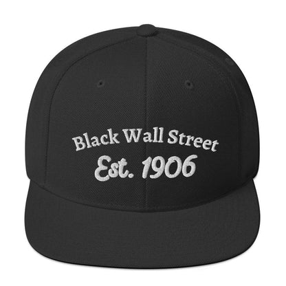 black snapback hat with black wall street est. 1906 embroidery 