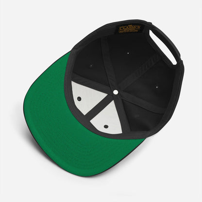 a green and black hat with a white patch