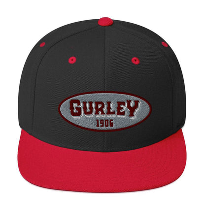 a black and red hat with the word gurley on it