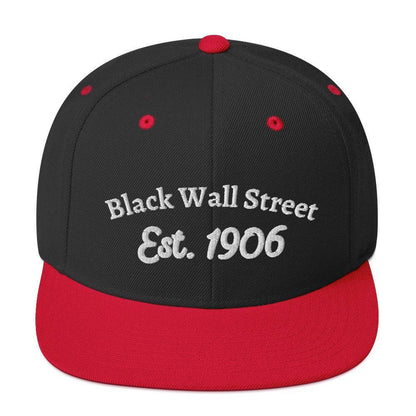 black and red snapback hat with black wall street est. 1906 embroidery 